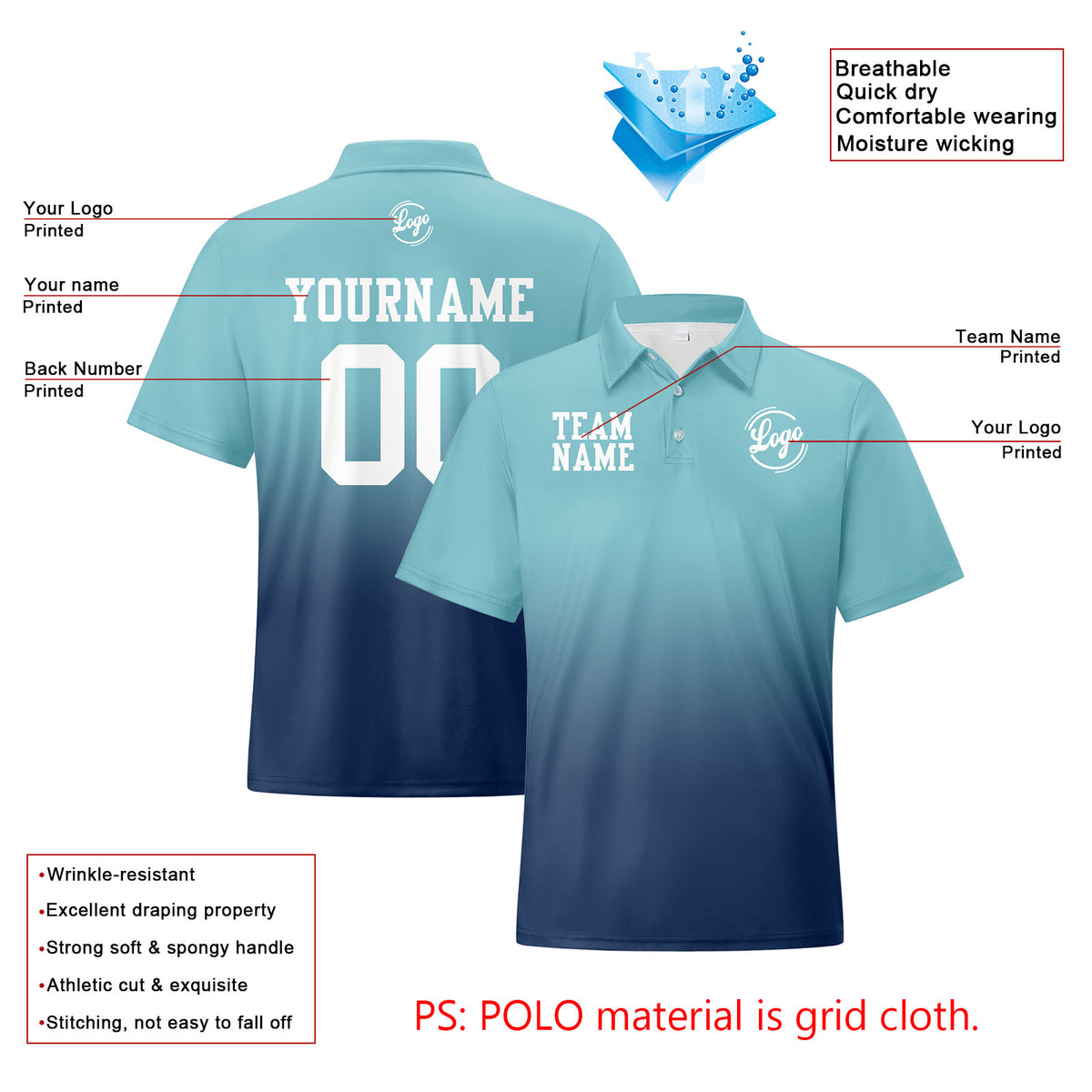 Benutzerdefinierte Hellblau Marine Fußball Gradient Polo-Shirts Fügen Sie Ihr Einzigartiges hinzu Logo/Name/Nummer