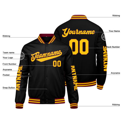 Maßgeschneiderte Crimson Schwarz Gelb Letterman Varsity Jacket Individuelle Stickerei Druck nach Ihrem Wunsch