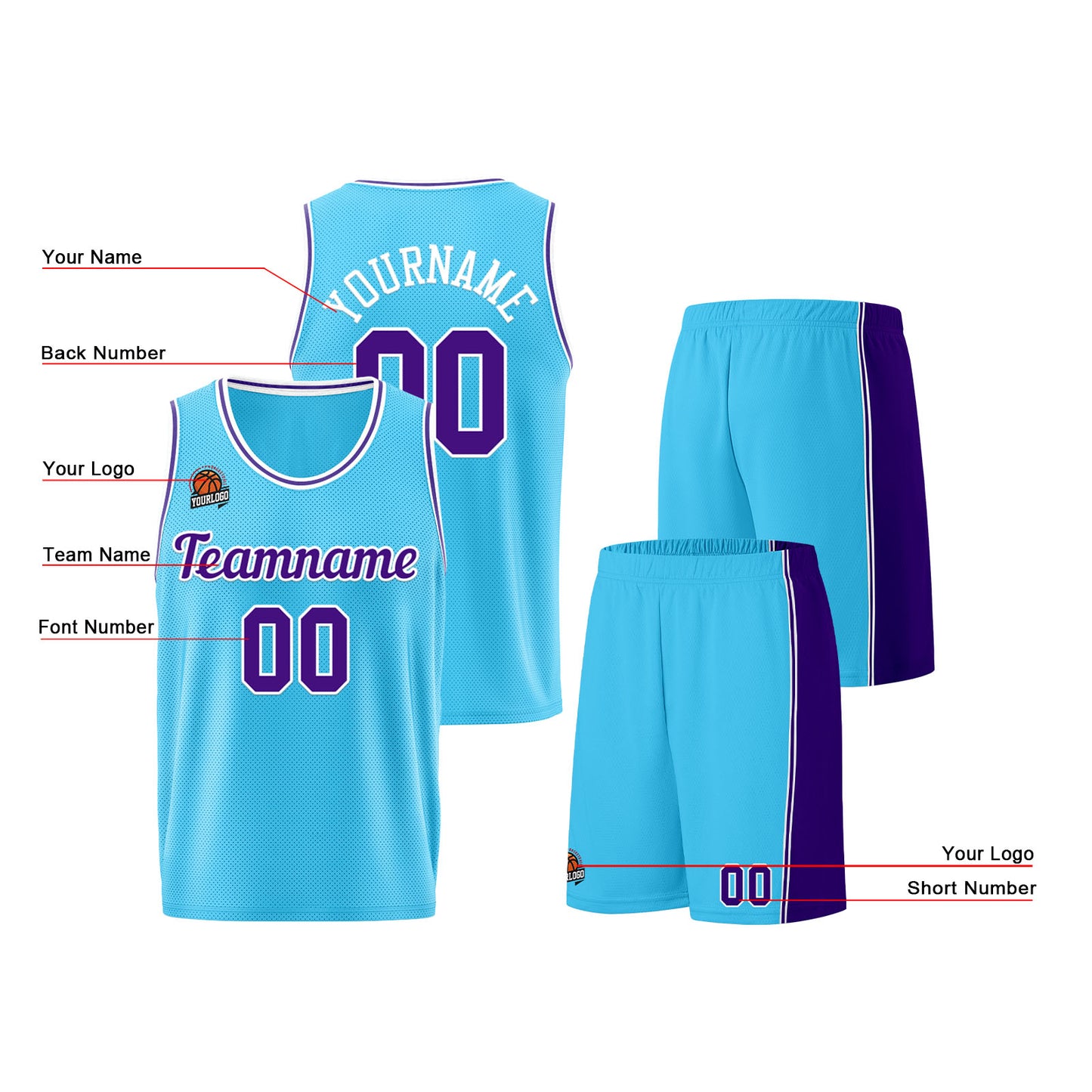 Individuelle Hellblau Lila Basketball Jersey Shorts für Männer und Frauen Gestickter und gedruckter Name, Nummer und Logo