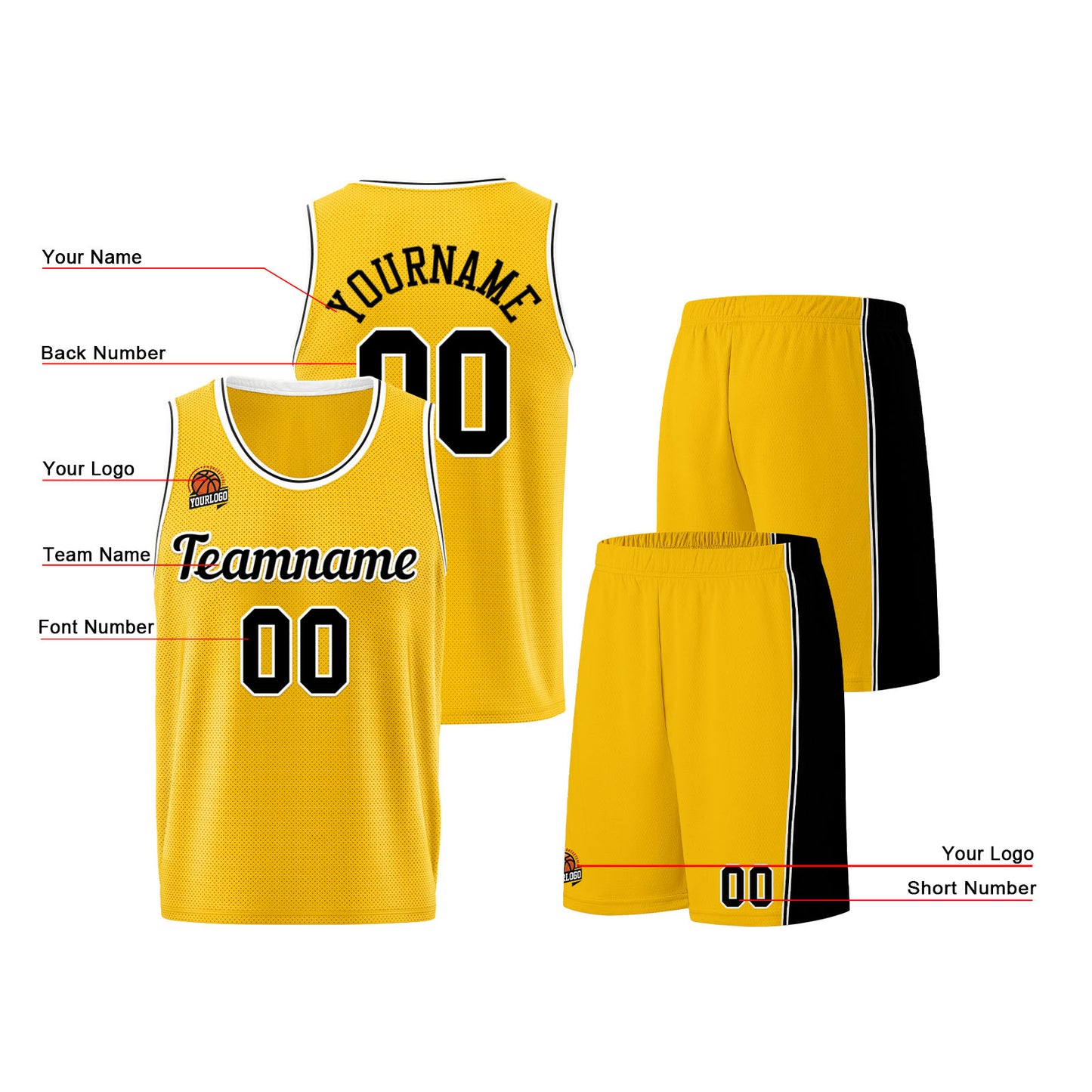 Individuelle Gelb Schwarz Basketball Jersey Shorts für Männer und Frauen Gestickter und gedruckter Name, Nummer und Logo