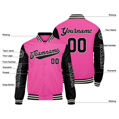 Maßgeschneiderte Rosa Schwarz Letterman Varsity Jacket Individuelle Stickerei Druck nach Ihrem Wunsch