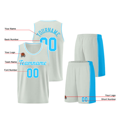 Individuelle Grau-Hellblau Basketball Jersey Shorts für Männer und Frauen Gestickter und gedruckter Name, Nummer und Logo
