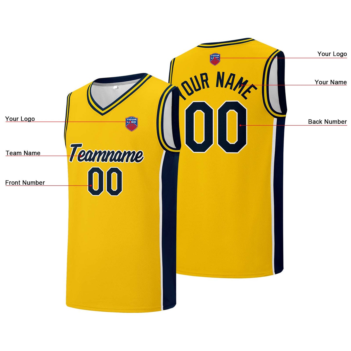 Individuelle Basketball-Jersey-Shorts für Männer und Frauen. Gestickter und gedruckter Name, Nummer und Logo Gelb