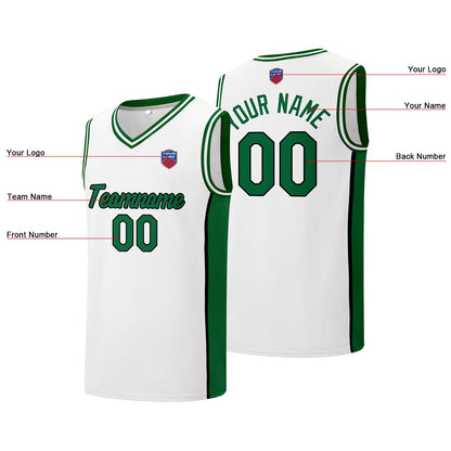 Individuelle Basketball-Jersey-Shorts für Männer und Frauen. Gestickter und gedruckter Name, Nummer und Logo Weiß&Grün