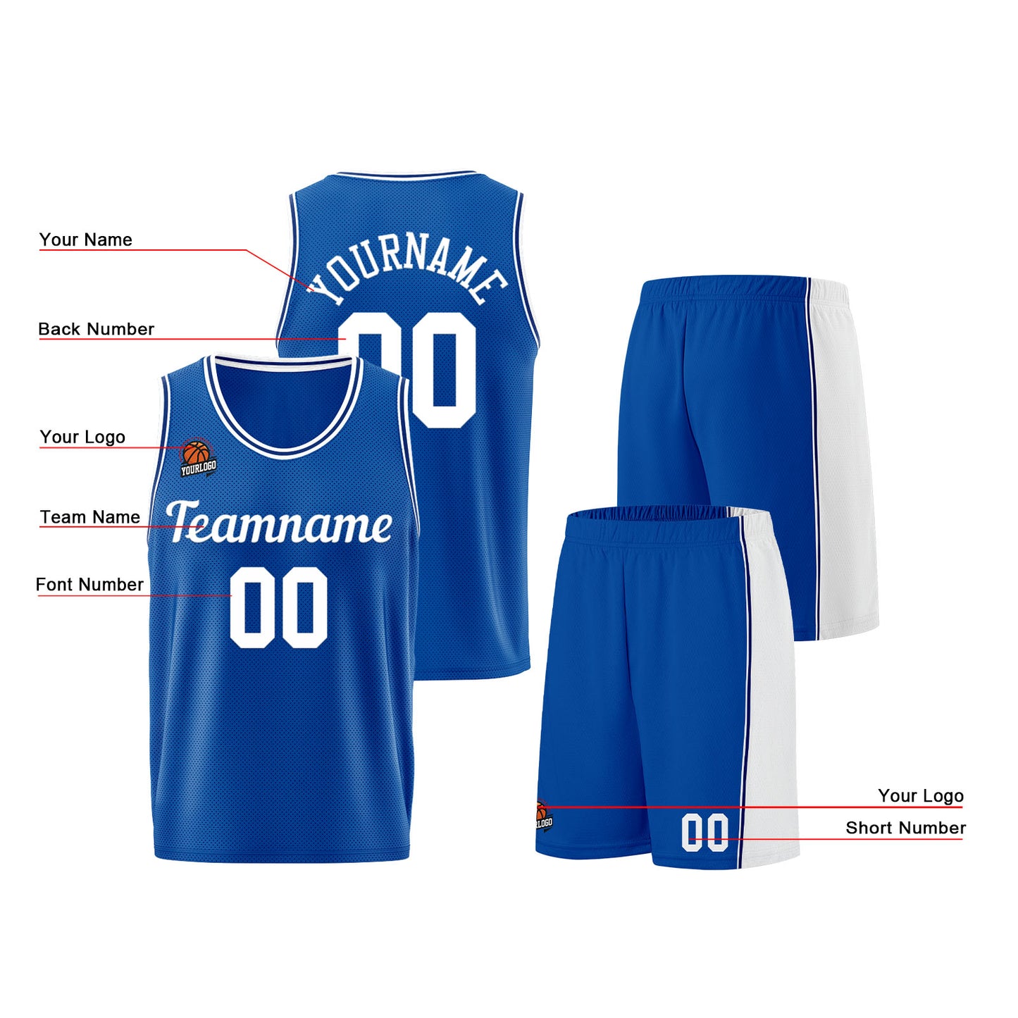 Individuelle Königlich-Weiß Basketball Jersey Shorts für Männer und Frauen Gestickter und gedruckter Name, Nummer und Logo