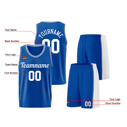 Individuelle Königlich-Weiß Basketball Jersey Shorts für Männer und Frauen Gestickter und gedruckter Name, Nummer und Logo