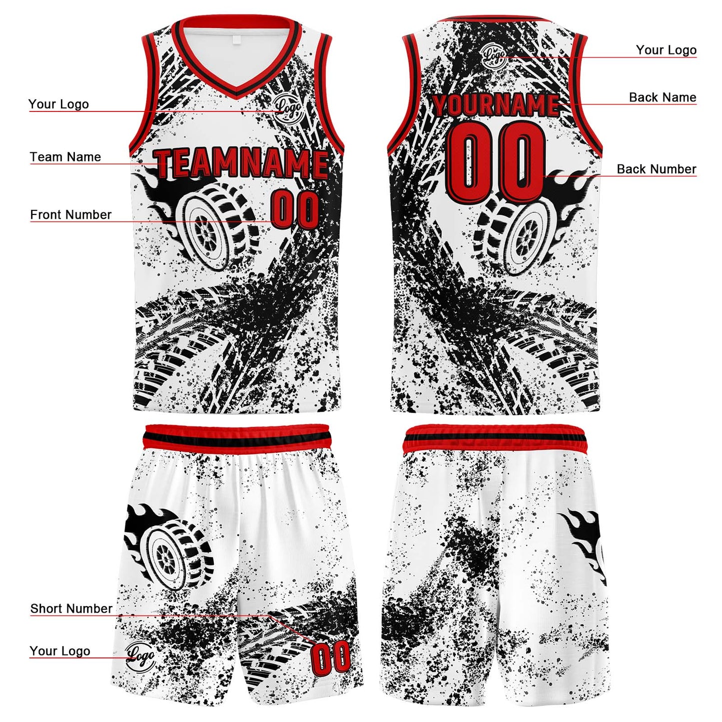 Benutzerdefinierter Weiß Schwarz Rot Basketball Jersey Uniform Anzug gedruckt Ihr Logo Name Nummer