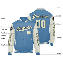 Maßgeschneiderte Hellblaue Creme Letterman Varsity Jacket Individuelle Stickerei Druck nach Ihrem Wunsch