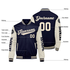 Maßgeschneiderte Marine Creme Letterman Varsity Jacket Individuelle Stickerei Druck nach Ihrem Wunsch