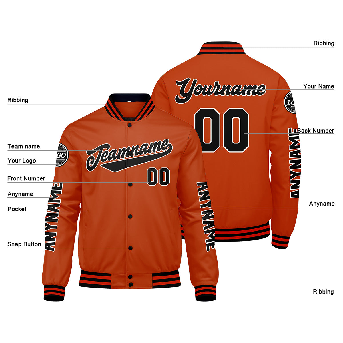 Maßgeschneiderte Schwarz Orange Letterman Varsity Jacket Individuelle Stickerei Druck nach Ihrem Wunsch