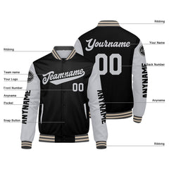 Maßgeschneiderte Grau Schwarz Creme Letterman Varsity Jacket Individuelle Stickerei Druck nach Ihrem Wunsch