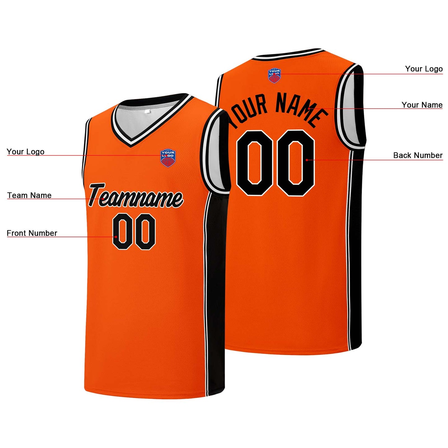 Individuelle Basketball-Jersey-Shorts für Männer und Frauen. Gestickter und gedruckter Name, Nummer und Logo Orange&Schwarz