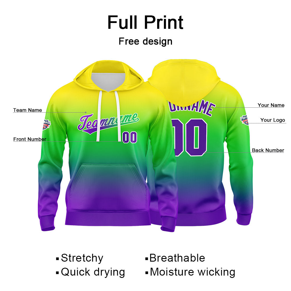 Benutzerdefinierter Verlauf Hoodie für Mann, Frau, Mädchen, Junge. Drucken Sie Ihr Logo, Ihren Namen und Ihre Nummer Gelb Grün Blau
