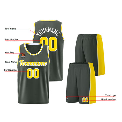 Individuelle Dunkelgrau-Gelb Basketball Jersey Shorts für Männer und Frauen Gestickter und gedruckter Name, Nummer und Logo