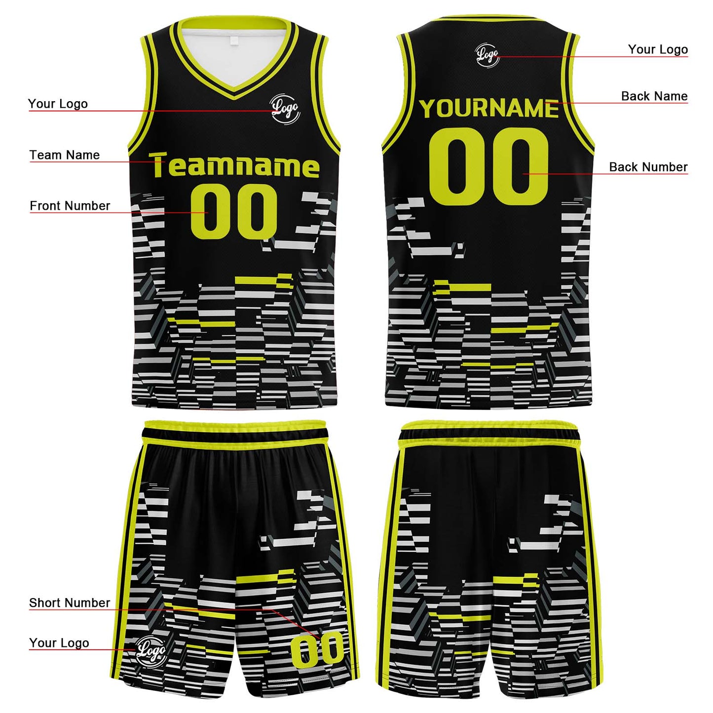 Benutzerdefinierter Schwarz Kalk Grün Basketball Jersey Uniform Anzug gedruckt Ihr Logo Name Nummer