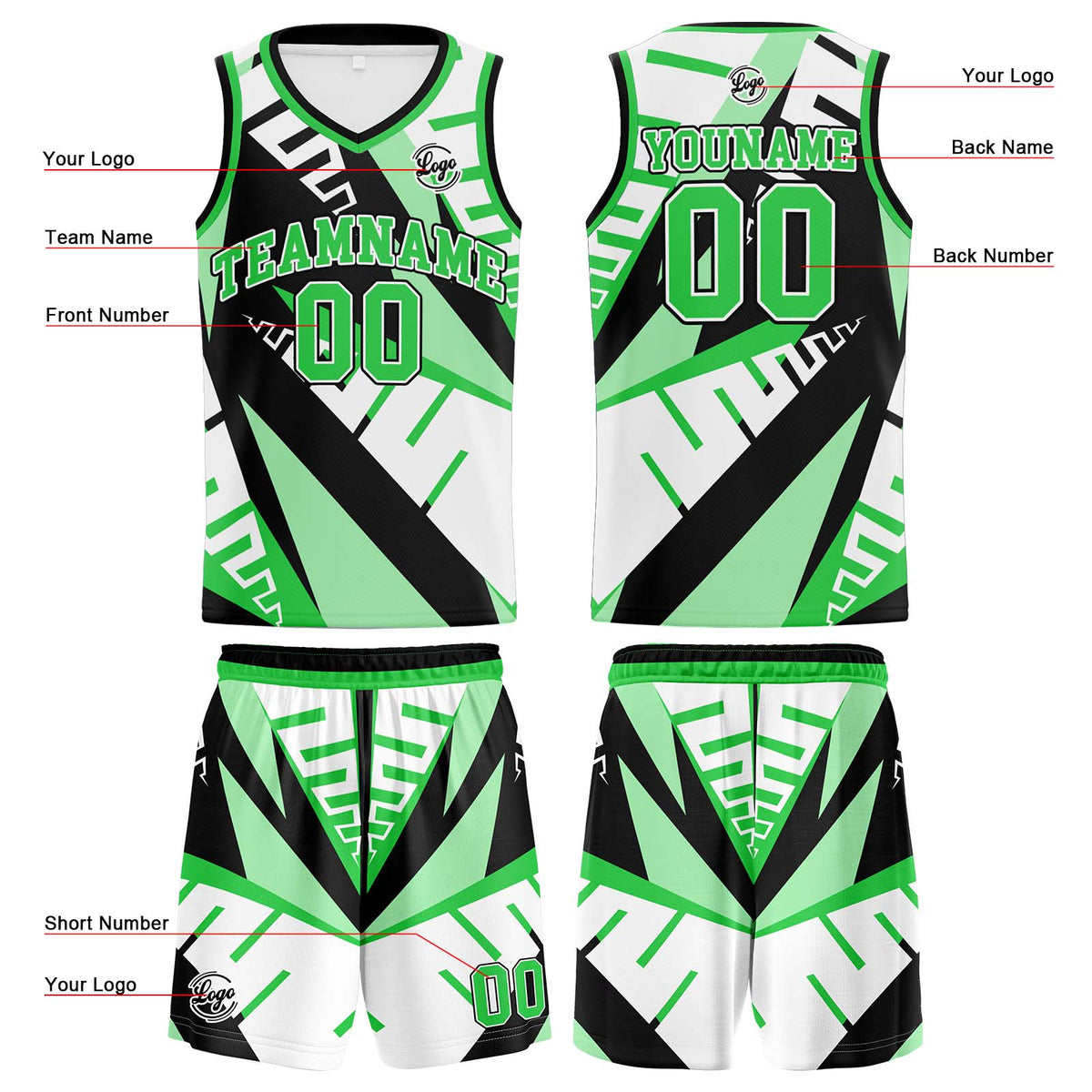 Benutzerdefinierter Weiß Schwarz Grün Basketball Jersey Uniform Anzug gedruckt Ihr Logo Name Nummer