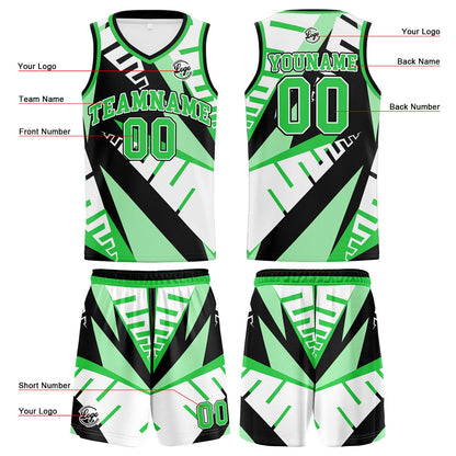 Benutzerdefinierter Weiß Schwarz Grün Basketball Jersey Uniform Anzug gedruckt Ihr Logo Name Nummer