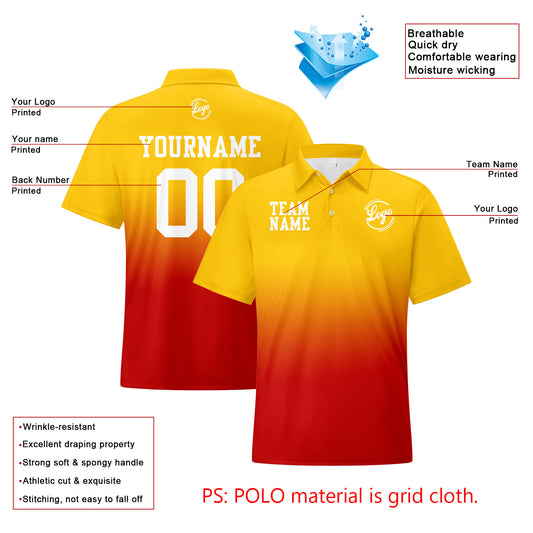 Benutzerdefinierte Gelb Rot Fußball Gradient Polo-Shirts Fügen Sie Ihr Einzigartiges hinzu Logo/Name/Nummer