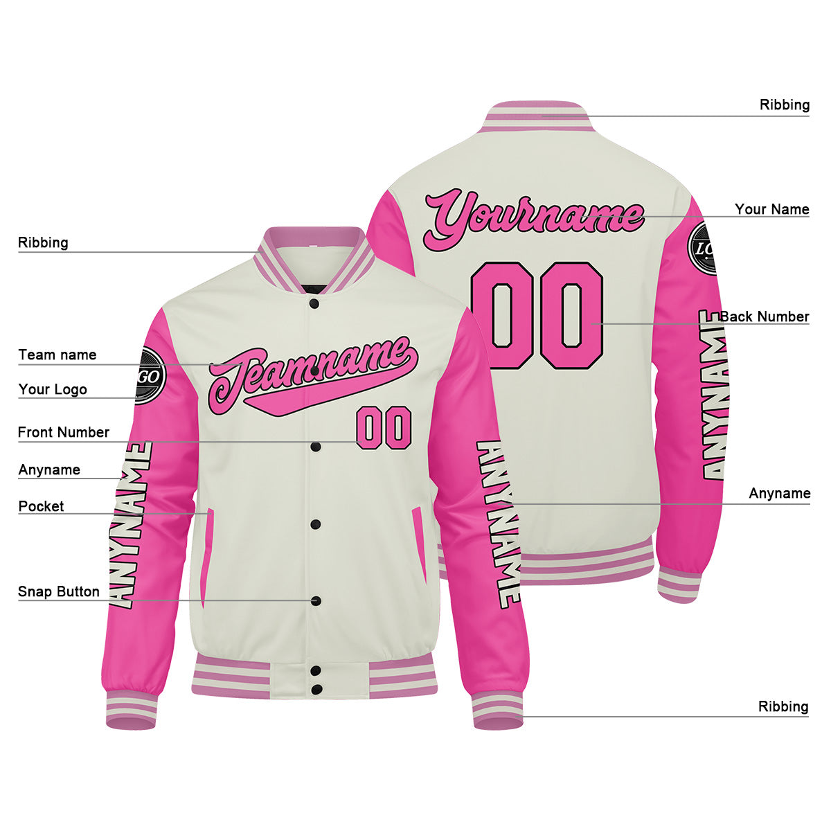 Maßgeschneiderte Creme Rosa Letterman Varsity Jacket Individuelle Stickerei Druck nach Ihrem Wunsch