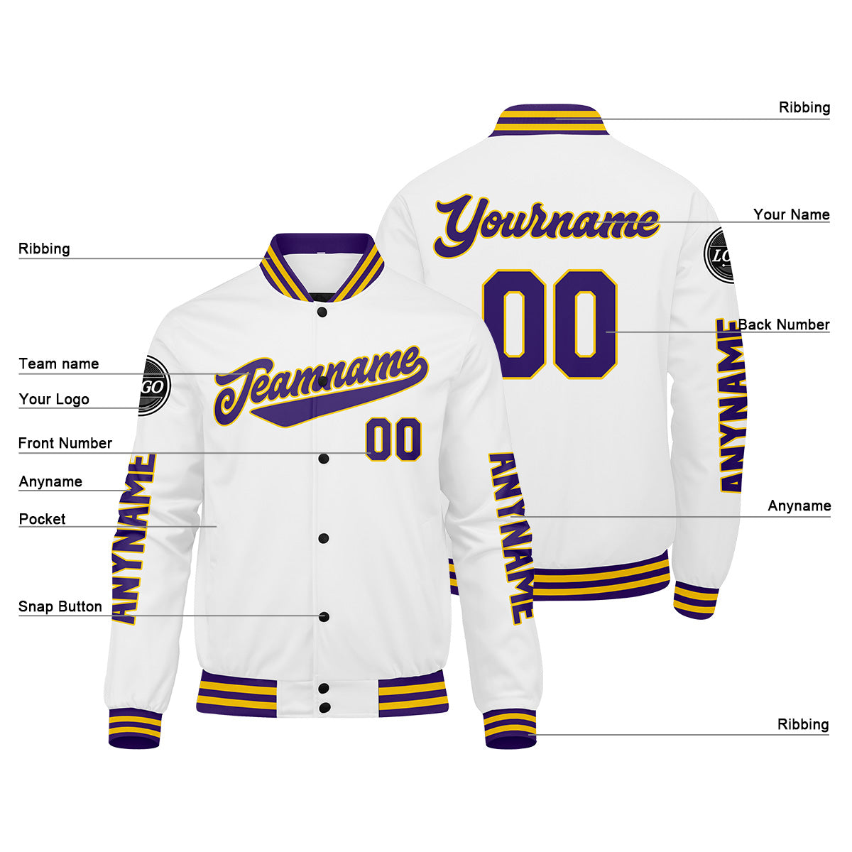 Maßgeschneiderte Lila Weiß Gelb Letterman Varsity Jacket Individuelle Stickerei Druck nach Ihrem Wunsch