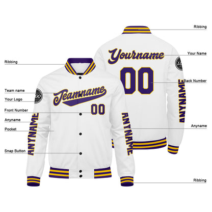 Maßgeschneiderte Lila Weiß Gelb Letterman Varsity Jacket Individuelle Stickerei Druck nach Ihrem Wunsch
