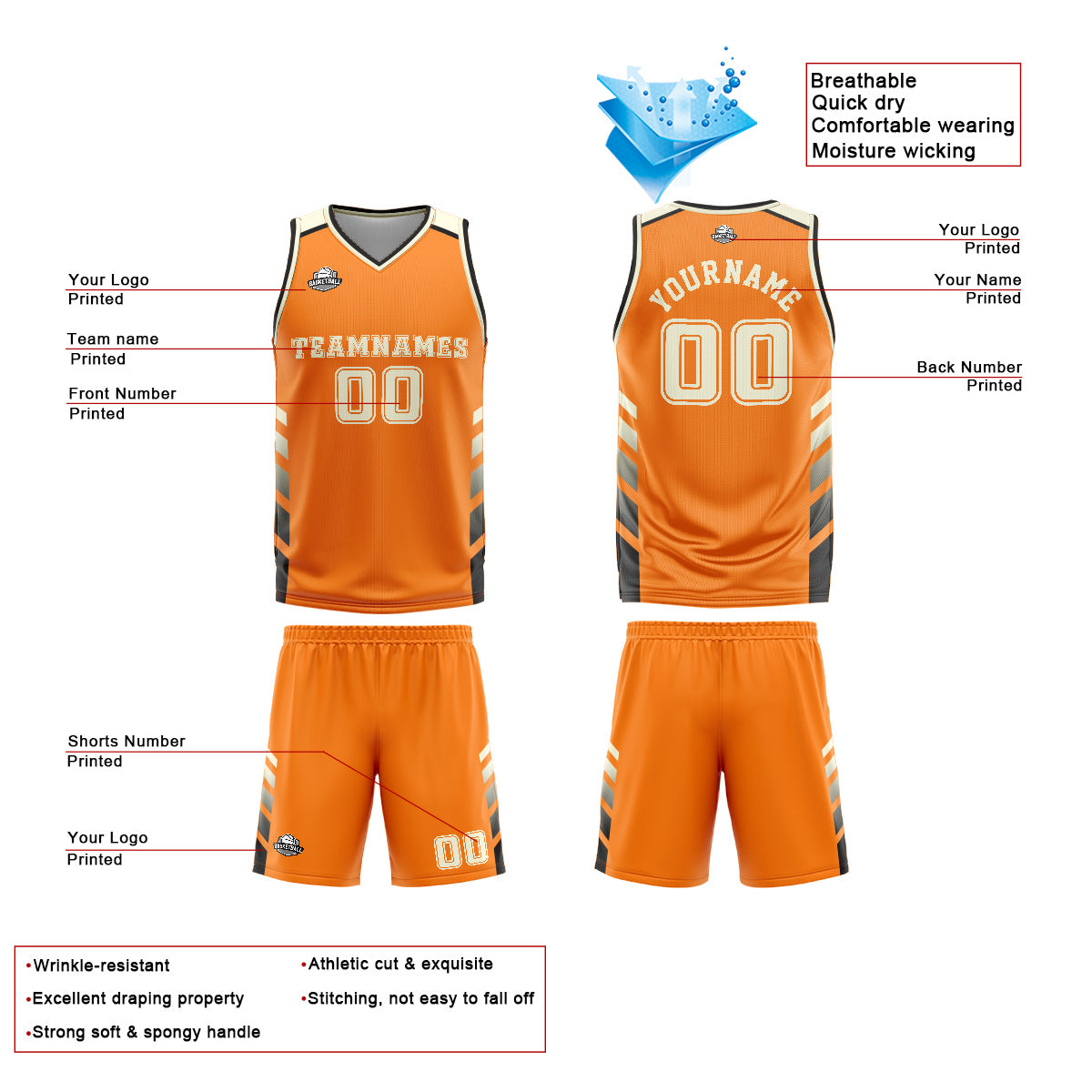 Benutzerdefinierter Orange Creme Basketball Jersey Uniform Anzug gedruckt Ihr Logo Name Nummer