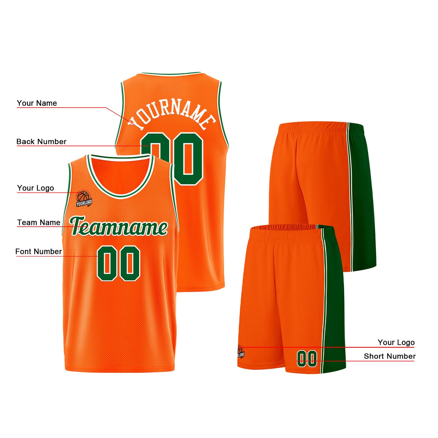 Individuelle Orange-Grün Basketball Jersey Shorts für Männer und Frauen Gestickter und gedruckter Name, Nummer und Logo