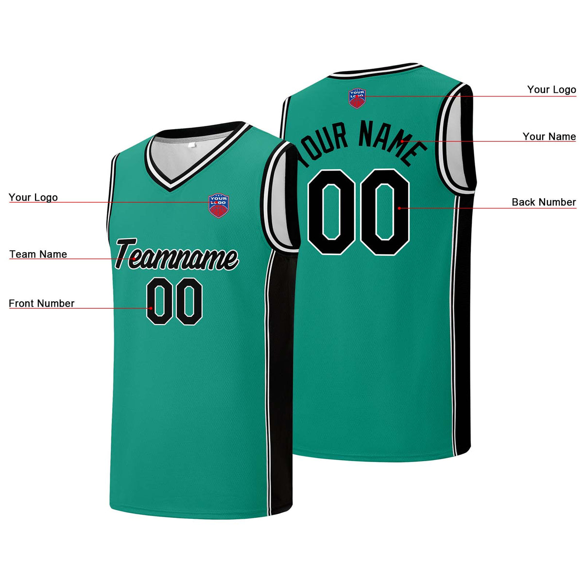 Individuelle Basketball-Jersey-Shorts für Männer und Frauen. Gestickter und gedruckter Name, Nummer und Logo Hellgrün&Schwarz
