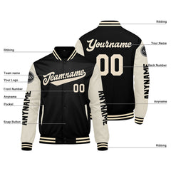 Maßgeschneiderte Schwarz Creme Letterman Varsity Jacket Individuelle Stickerei Druck nach Ihrem Wunsch