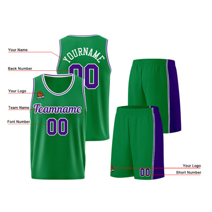 Individuelle Kelly Grün Lila Basketball Jersey Shorts für Männer und Frauen Gestickter und gedruckter Name, Nummer und Logo
