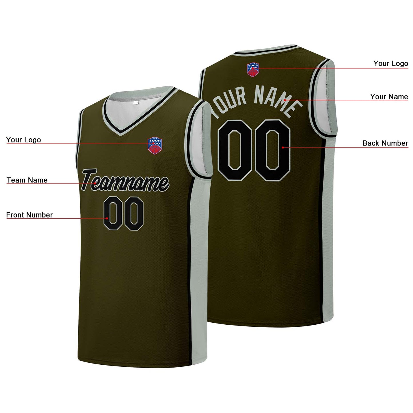 Individuelle Basketball-Jersey-Shorts für Männer und Frauen. Gestickter und gedruckter Name, Nummer und Logo Olivgrün&Grau