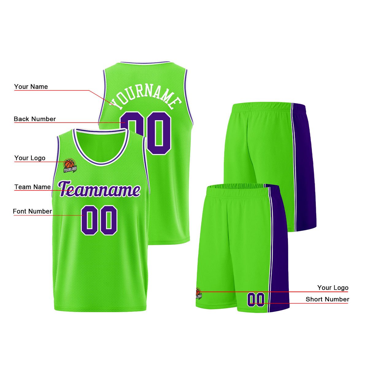 Individuelle Neongrün-Lila Basketball Jersey Shorts für Männer und Frauen Gestickter und gedruckter Name, Nummer und Logo