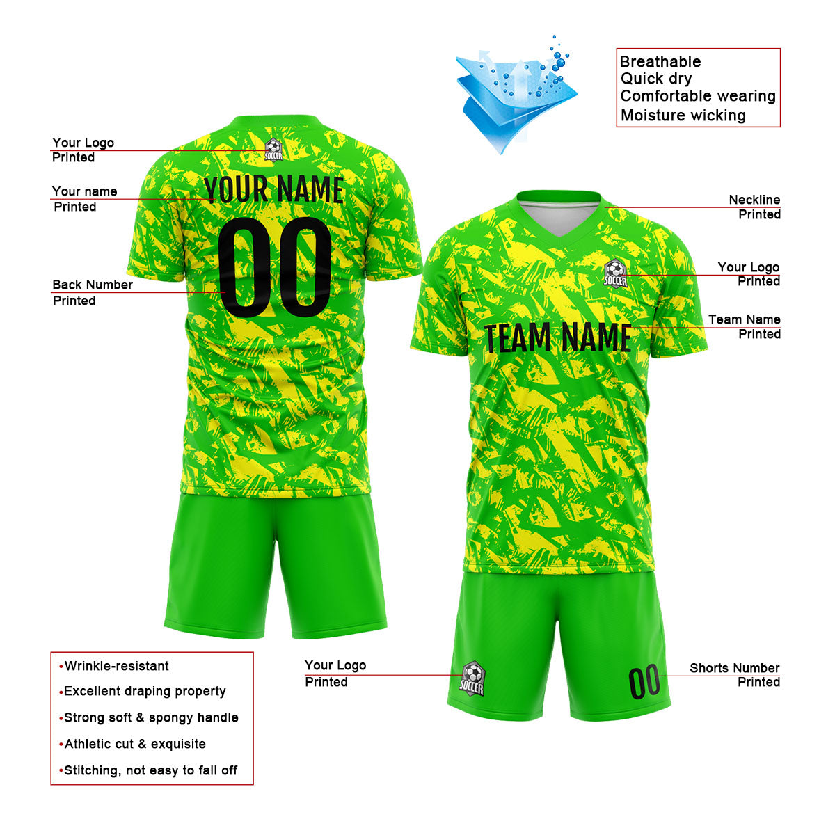 Benutzerdefinierte Grün Gelb Fußball Trikots für Männer Frauen Personalisierte Fußball Uniformen für Erwachsene und Kind