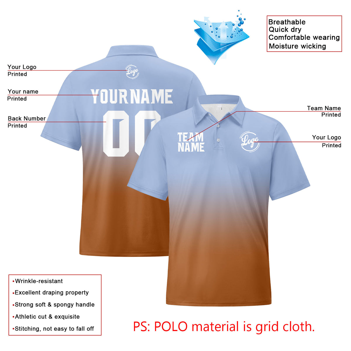 Benutzerdefinierte Hellblau Braun Fußball Gradient Polo-Shirts Fügen Sie Ihr Einzigartiges hinzu Logo/Name/Nummer