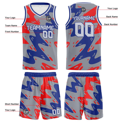 Benutzerdefinierte Grau Blau Rot Reversible Basketball Jersey Personalisierte Print Name Nummer Logo