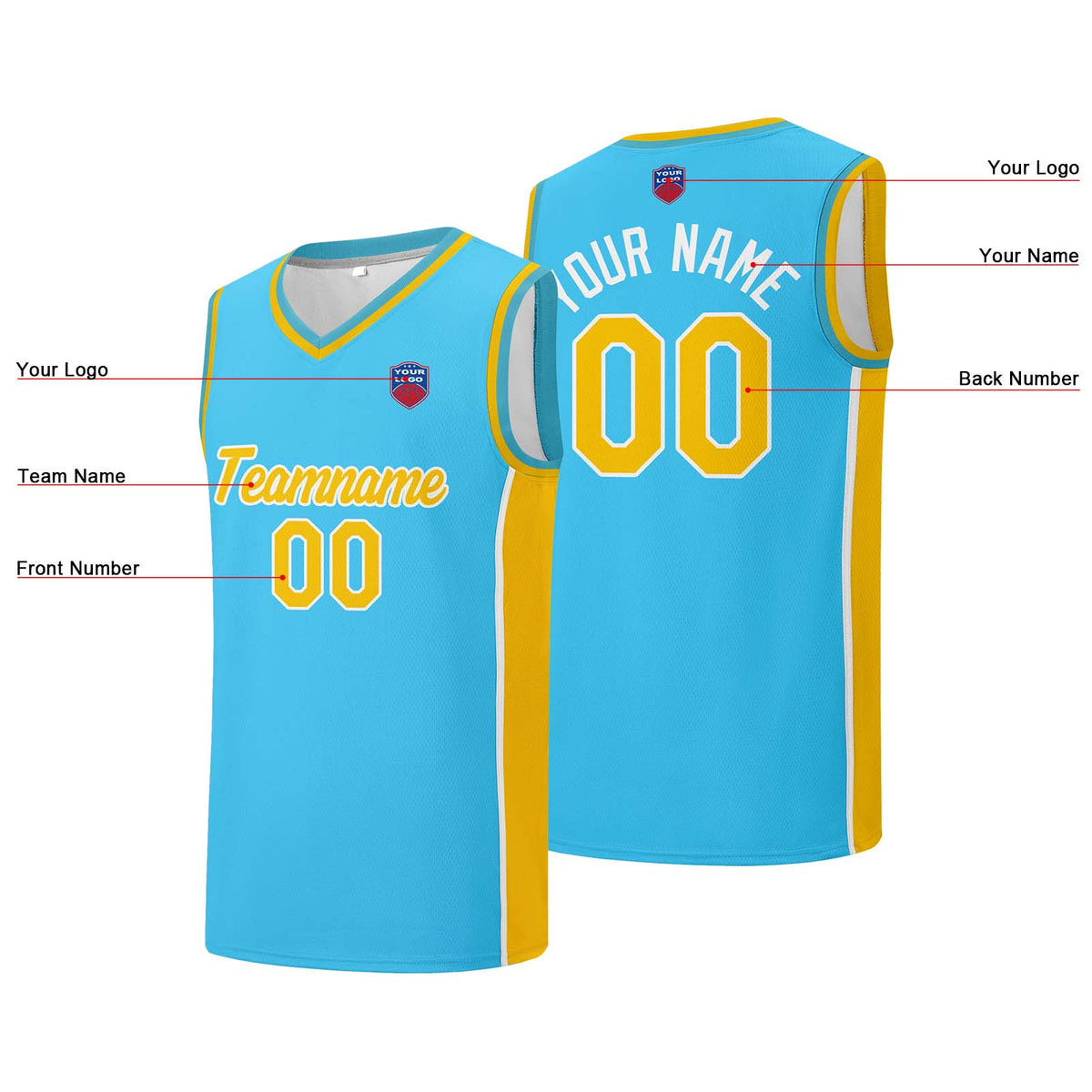 Individuelle Basketball-Jersey-Shorts für Männer und Frauen. Gestickter und gedruckter Name, Nummer und Logo Hellblau&Gelb