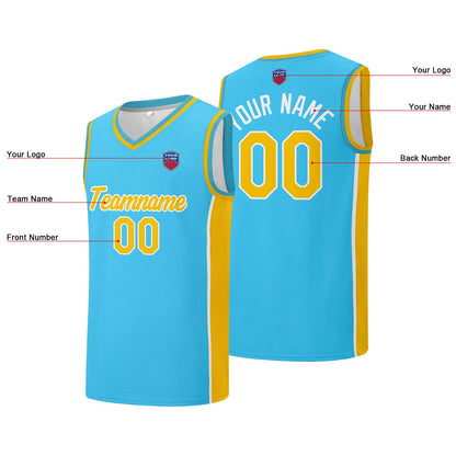 Individuelle Basketball-Jersey-Shorts für Männer und Frauen. Gestickter und gedruckter Name, Nummer und Logo Hellblau&Gelb