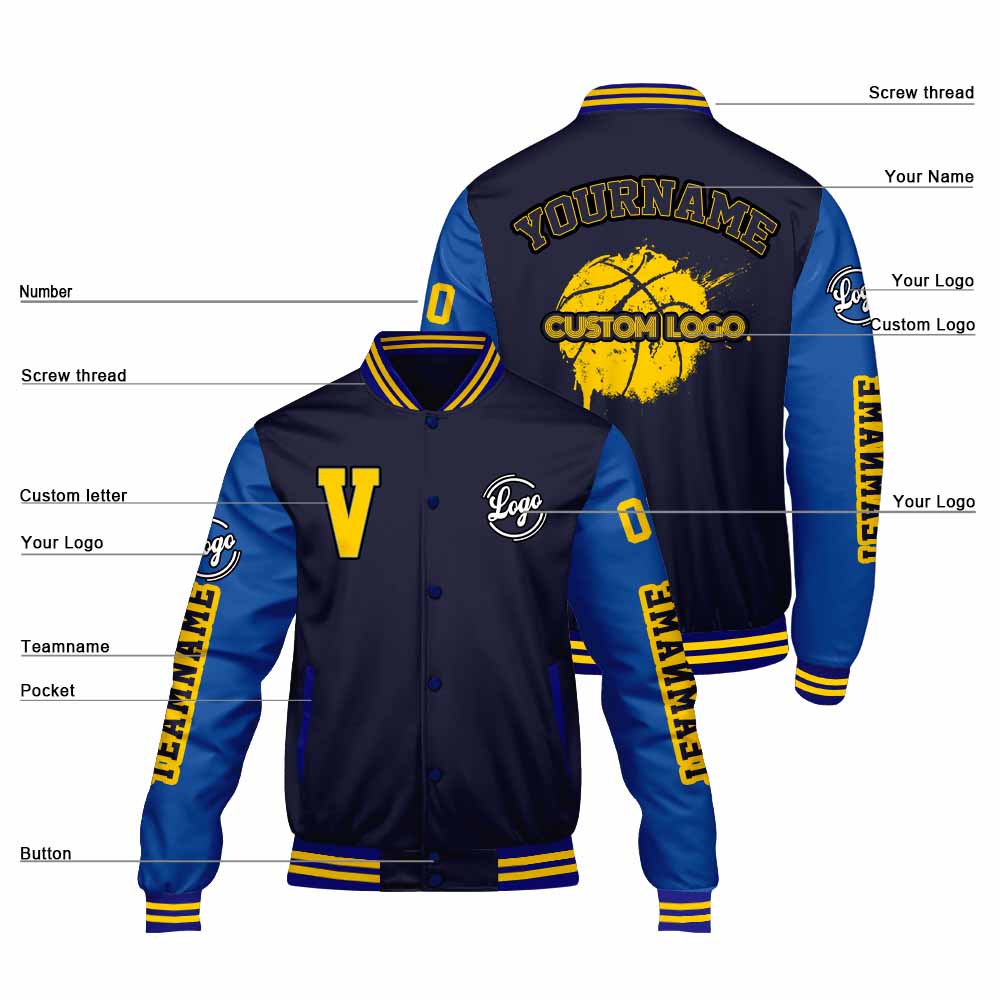 Maßgeschneiderte Marine Königliche Letterman Varsity Jacket Individuelle Stickerei Druck nach Ihrem Wunsch