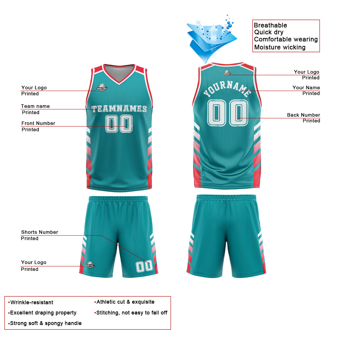 Benutzerdefinierter Cyan Rot Basketball Jersey Uniform Anzug gedruckt Ihr Logo Name Nummer