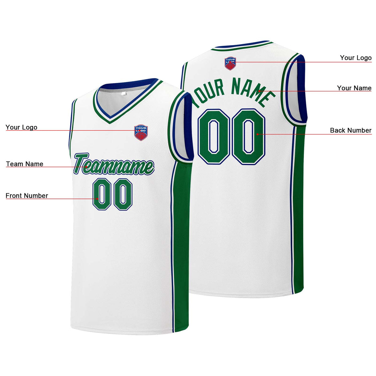 Individuelle Basketball-Jersey-Shorts für Männer und Frauen. Gestickter und gedruckter Name, Nummer und Logo Weiß