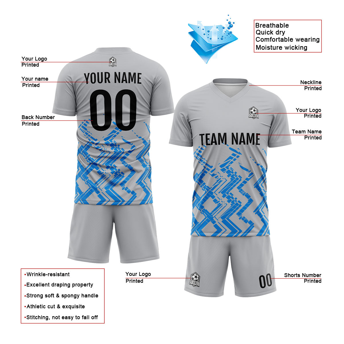 Benutzerdefinierte Grau Blau Fußball Trikots für Männer Frauen Personalisierte Fußball Uniformen für Erwachsene und Kind