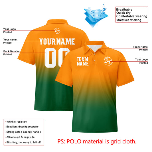 Benutzerdefinierte Orange Grün Fußball Gradient Polo-Shirts Fügen Sie Ihr Einzigartiges hinzu Logo/Name/Nummer