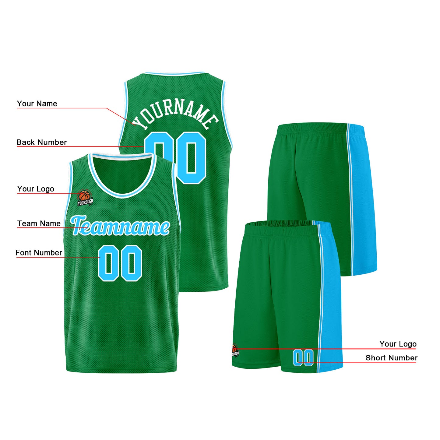 Individuelle Kellygrün Hellblau Basketball Jersey Shorts für Männer und Frauen Gestickter und gedruckter Name, Nummer und Logo