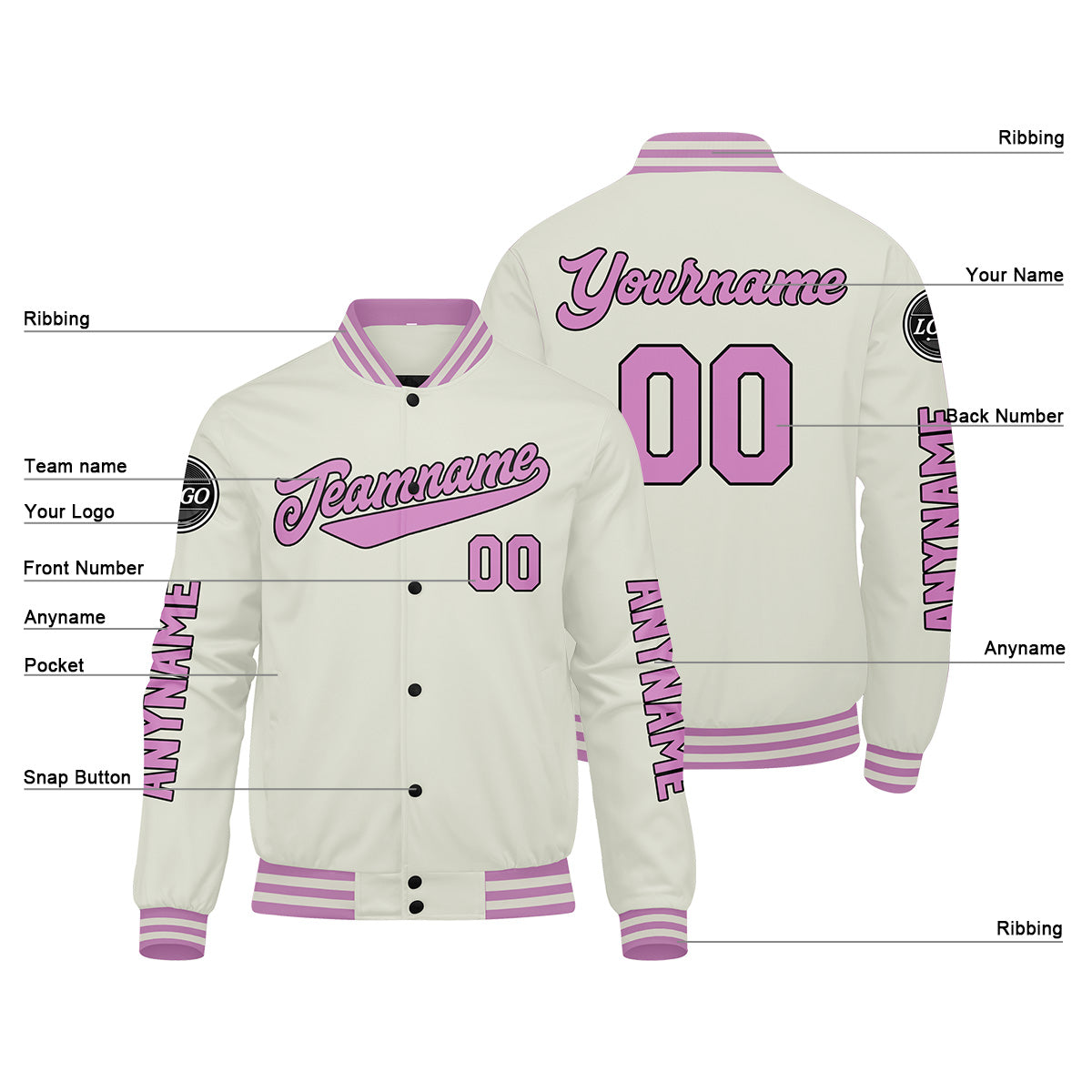Maßgeschneiderte Creme Rosa Letterman Varsity Jacket Individuelle Stickerei Druck nach Ihrem Wunsch