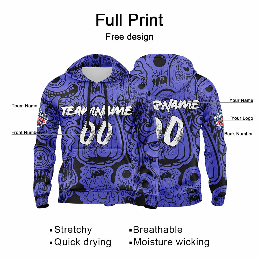 Benutzerdefinierter Sweatshirt-Hoodie für Mann, Frau, Mädchen, Junge. Drucken Sie Ihr Logo, Ihren Namen und Ihre Nummer Blau