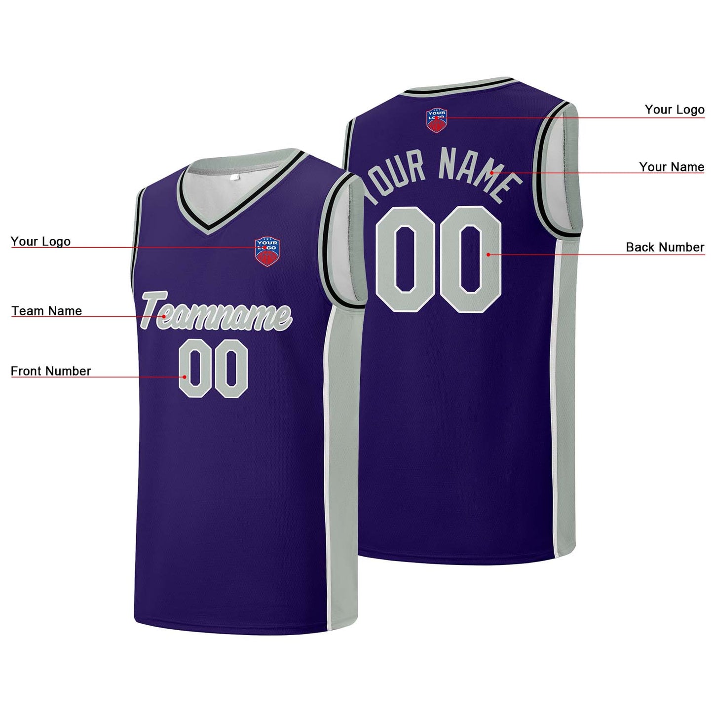 Individuelle Basketball-Jersey-Shorts für Männer und Frauen. Gestickter und gedruckter Name, Nummer und Logo Lila