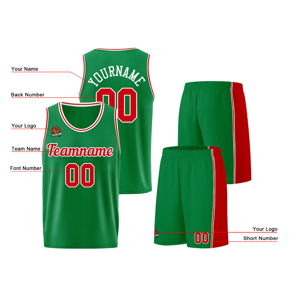 Individuelle Kelly Grün Rot Basketball Jersey Shorts für Männer und Frauen Gestickter und gedruckter Name, Nummer und Logo