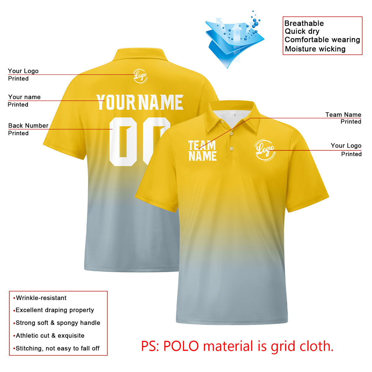 Benutzerdefinierte Gelb Grau Fußball Gradient Polo-Shirts Fügen Sie Ihr Einzigartiges hinzu Logo/Name/Nummer