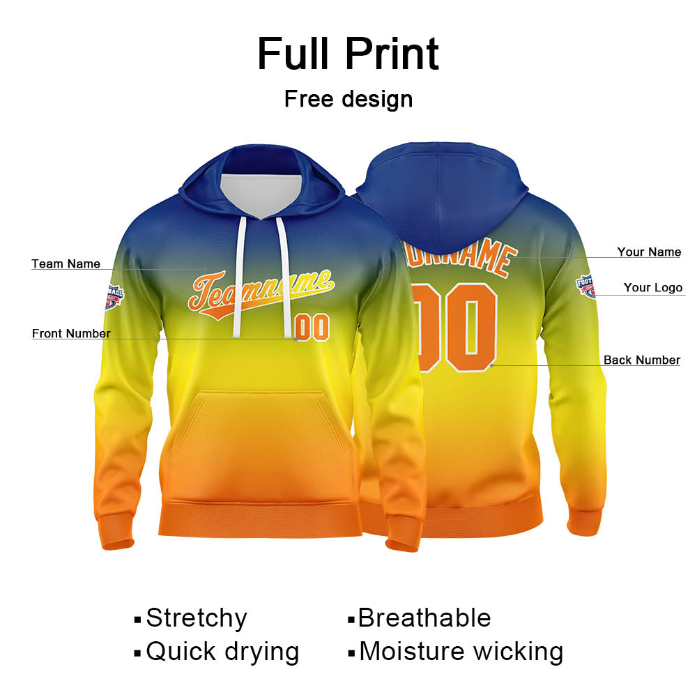 Benutzerdefinierter Verlauf Hoodie für Mann, Frau, Mädchen, Junge. Drucken Sie Ihr Logo, Ihren Namen und Ihre Nummer Gelb Orange