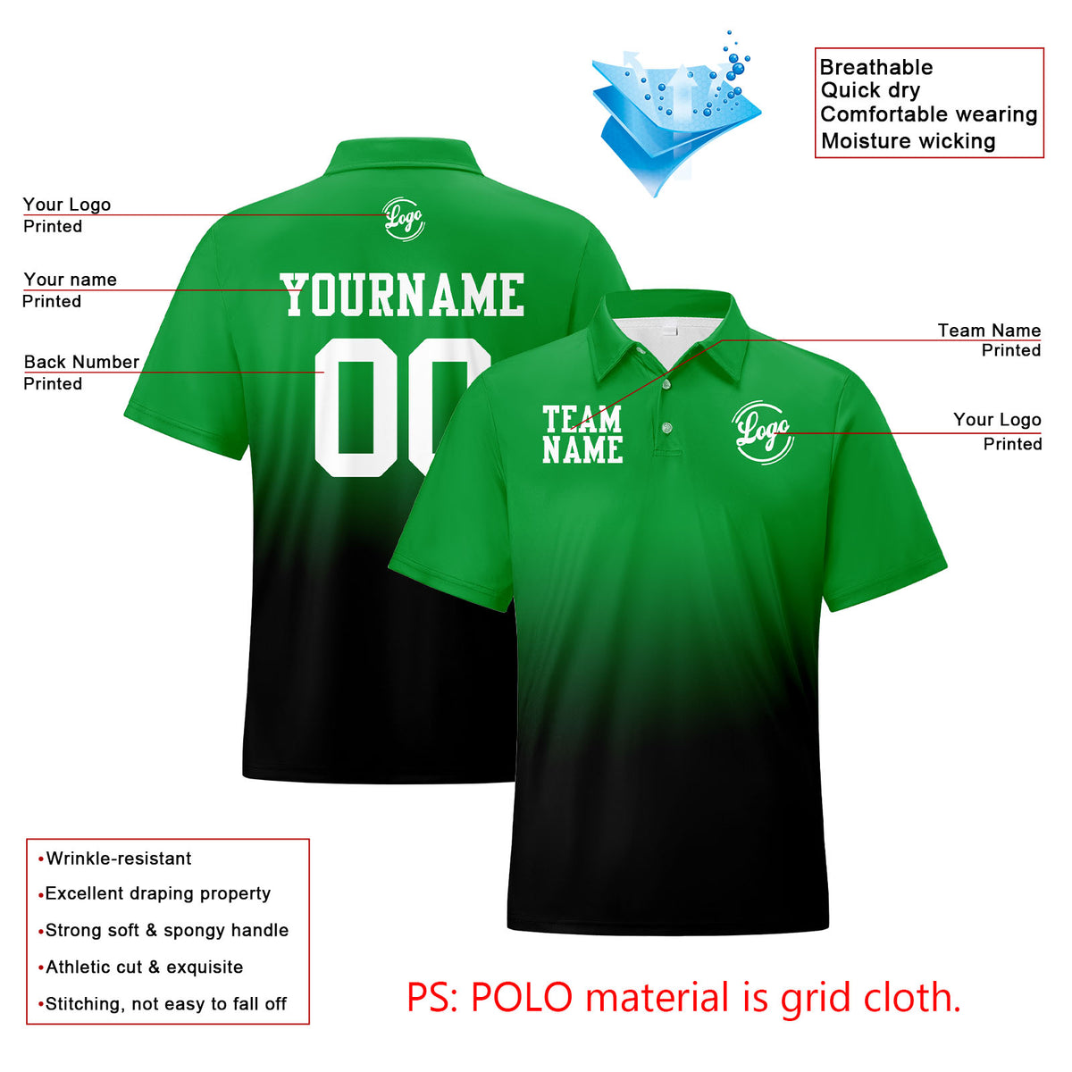Benutzerdefinierte Grün Schwarz Fußball Gradient Polo-Shirts Fügen Sie Ihr Einzigartiges hinzu Logo/Name/Nummer
